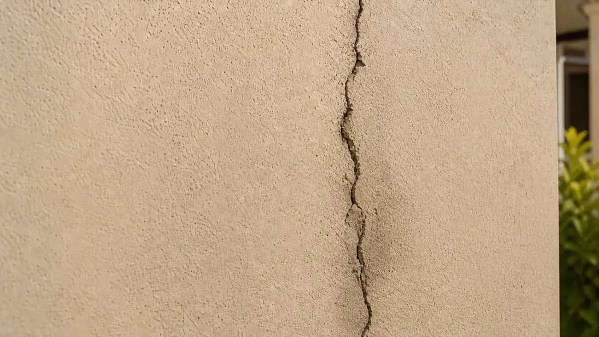 جدار ستوكو في كارول وود مع تشقق كبير قبل الإصلاح